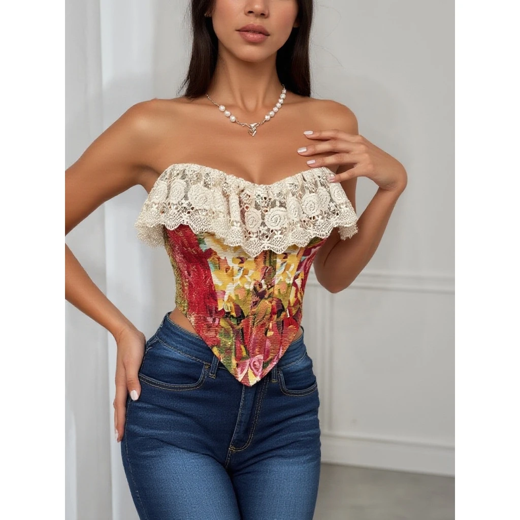 Sexy Fishbone Lace Patchwork Vintage Embroidery Crop Top Unique Design Crossbody Strapless Bralette for Women Spring 2025
