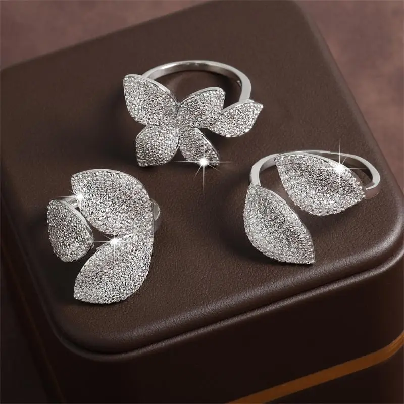 RAKOL Flower Leaf Adjustable Rings for Women Delicate Silver Color Zircon Open Ring Fashion Wedding Party Jewelry