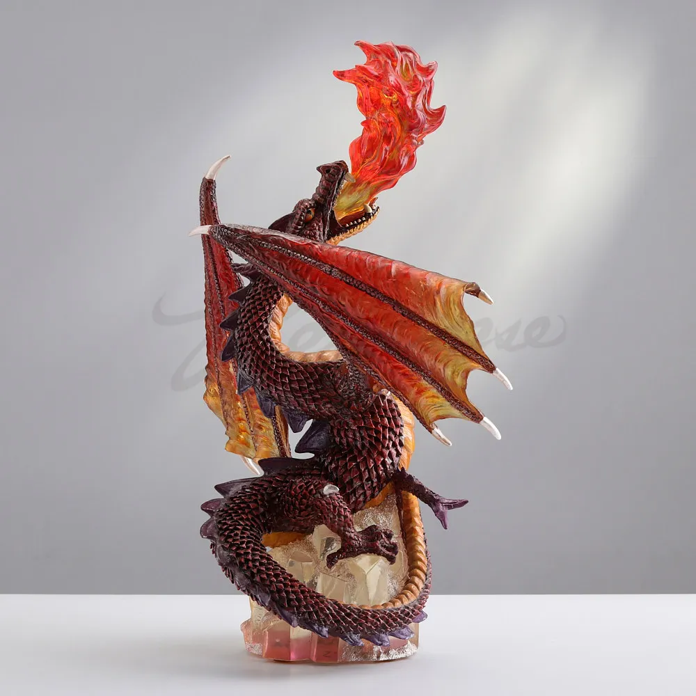 Red Fire Breathing Dragon Resin Figurine Fantasy Flame Spouting Dragon Statue Rock Base Mythical Dragon Home Desktop Ornament