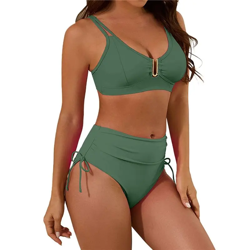 

Женский купальник ABUE с высокой талией, утягивающий, с вырезами, перекрестными завязками и драпировкой, комплект из двух предметов, бикини