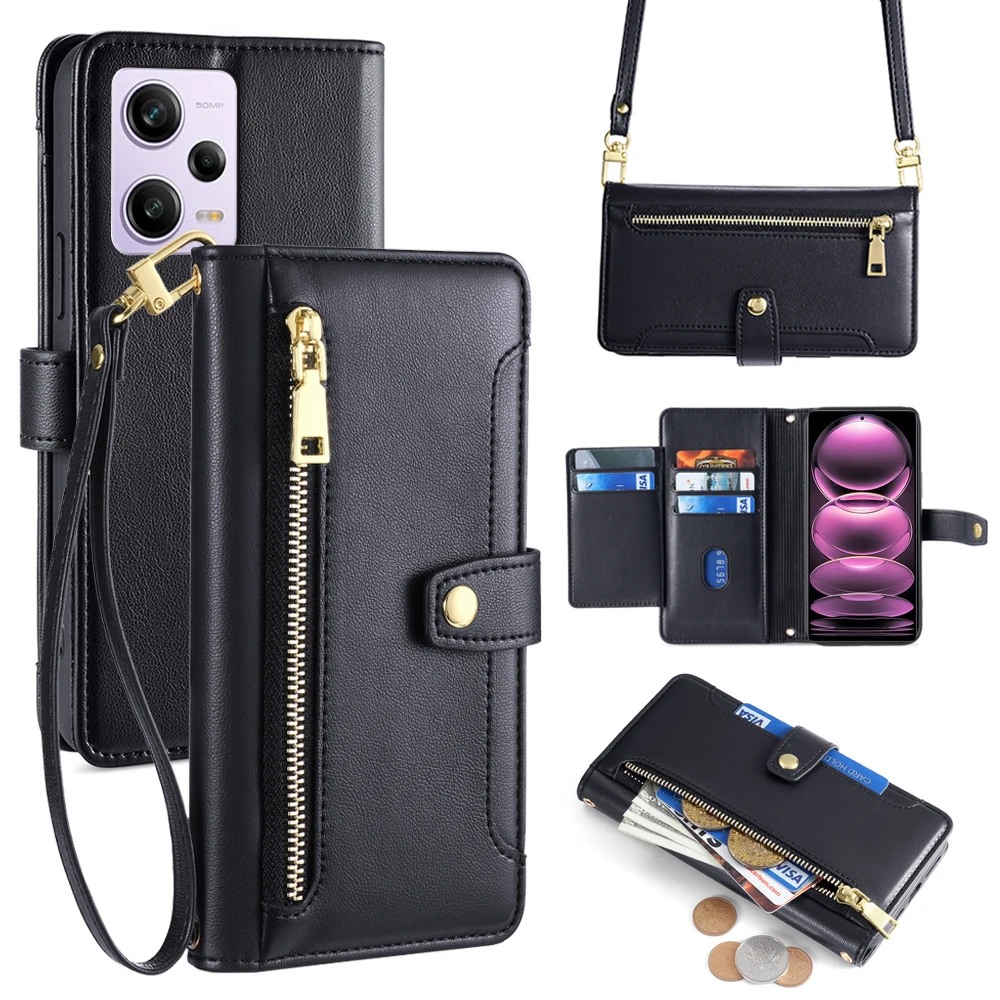 Card Slots Wallet Crossbody Phone Case for Xiaomi Redmi Note 12S 12 12T 11T Pro 11E 11S Pro Zipper Flip Case Long Strap Cover