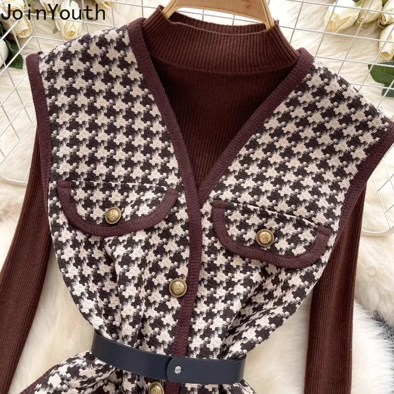 Roupas Femme Temperament 2 Piece Sets Women\'s Clothing V-neck Slim Waist Plaid Vest Coat Knitted Pullovers Outfits Korean Suit