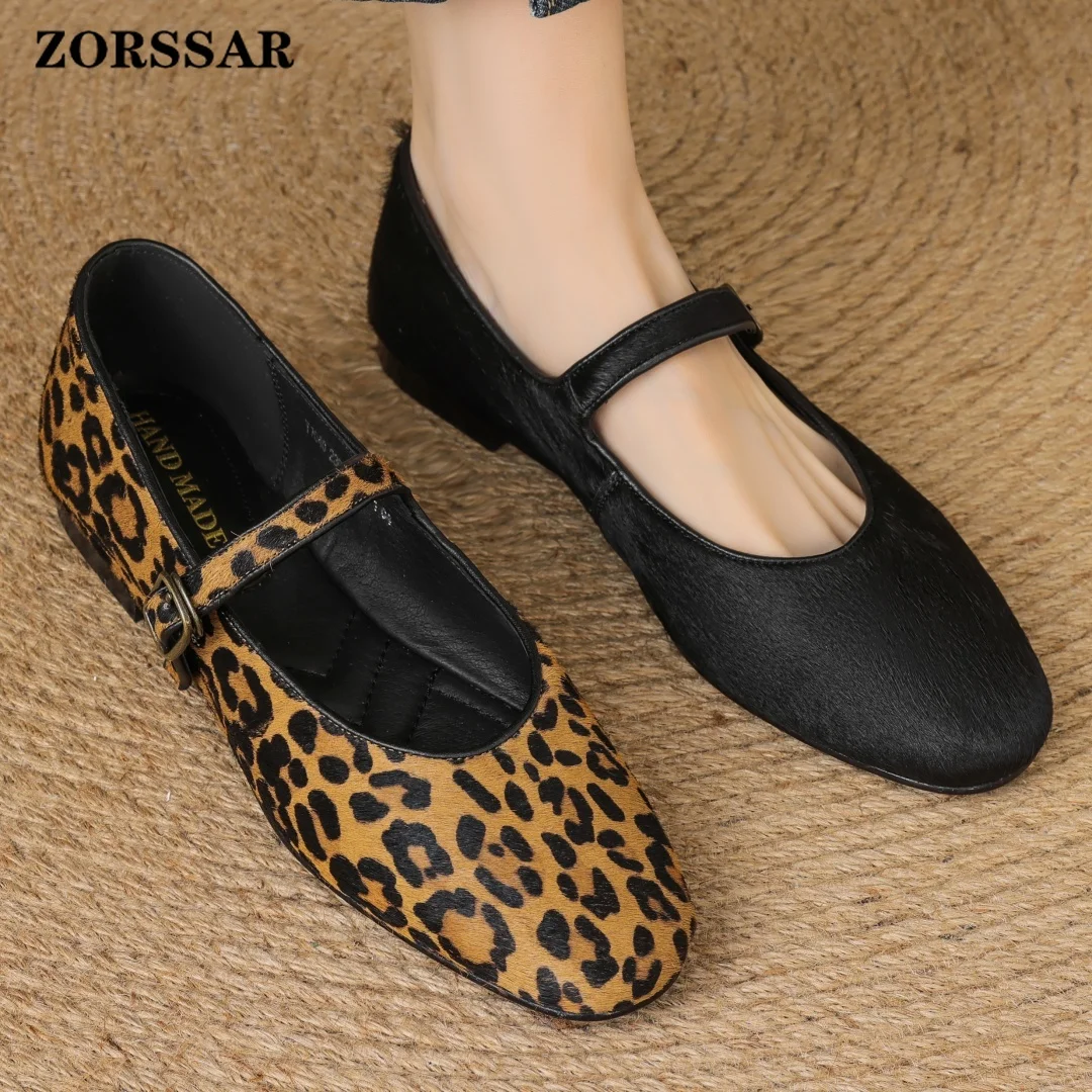 

Plus Size 34-43 Women's Leopard Horsehair Slip-on Mary Jane Flats Round Toe Casual Female Slim Daily Ballerinas Shoes for Woman