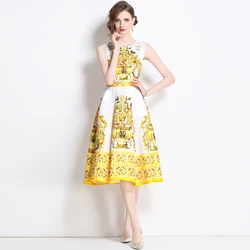 Summer Holiday Print Midi Dresses Women Beach Tank Long Vestidos French Cocktail Gowns Floral Robes Blue White Pocelain Vestidos