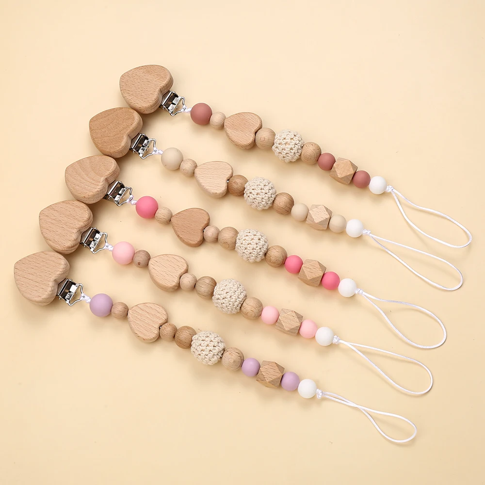 3Pcs New Beech Wooden Baby Pacifier Chain Clip Heart Beads Silicone Beads Dummy Nipple Holder for Teether Pendant Toys Gift