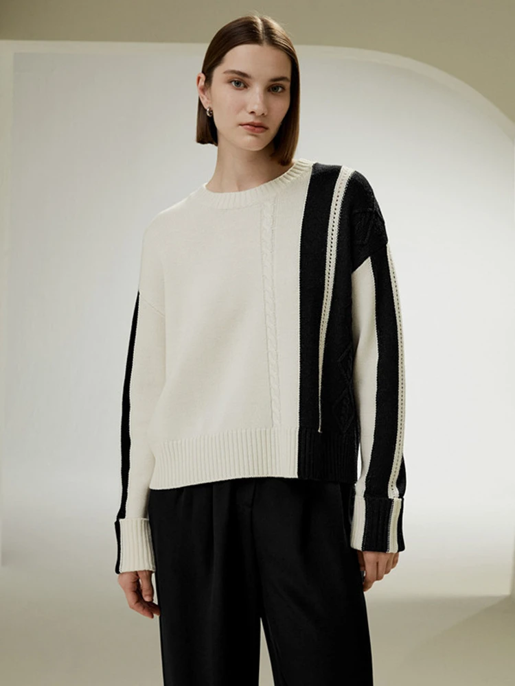 

100% Merino Wool Women's Round Neck Pullover Loose Thick Autumn Winter Contrasting Color Fashionable Knitted Cashmere Sweater