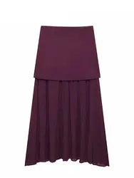 TRAFZA Elegant Midi Skirt For Women Fashion Solid A-line High Waist Pleated Side Zipper Long Skirt Vintage Skirts Chic Bottom