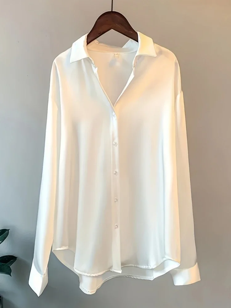 حجم كبير قمصان حريرية فضفاضة غير رسمية للنساء 2025 موضة كم طويل زر أسفل بلوزة كبار أنثى أنيقة قمة صلب ملابس مكتب #3