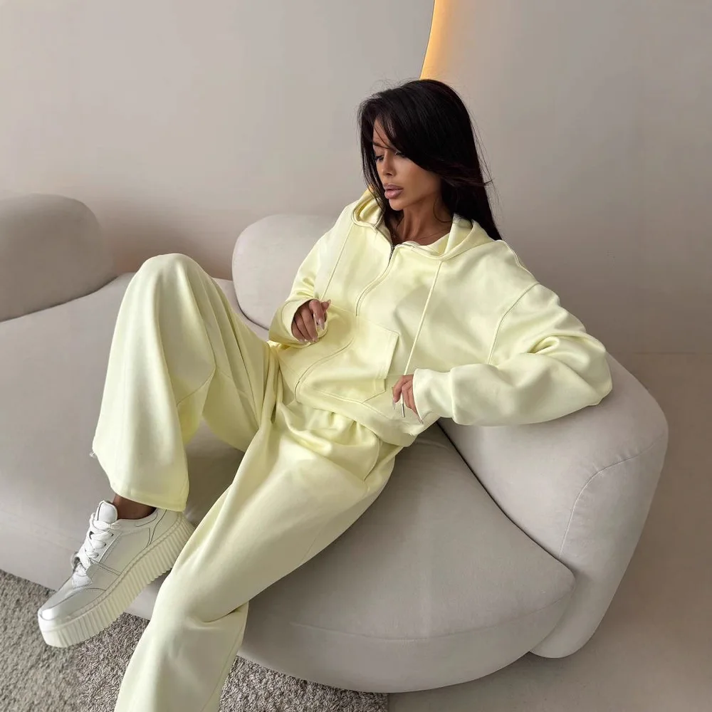 

2025 Sports Suit Long-sleeved Zipper Cardigan Hooded Sweater Lace-up Trousers Two-piece Set Cotton European and American