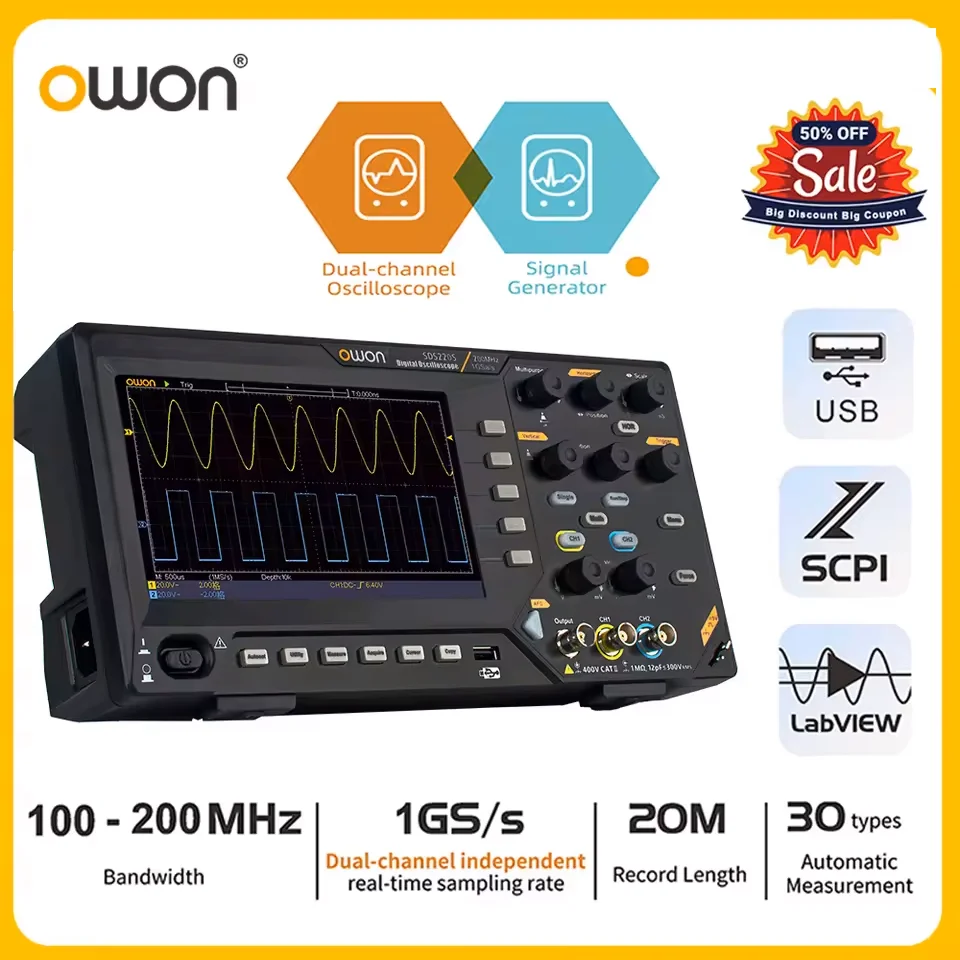 Digitales Oszilloskop der OWON SDS200-Serie |   Dual-CH 100/200 MHz mit 25 M Signalgenerator |   FFT-Analyse und 6-stelliger Frequenzzähler