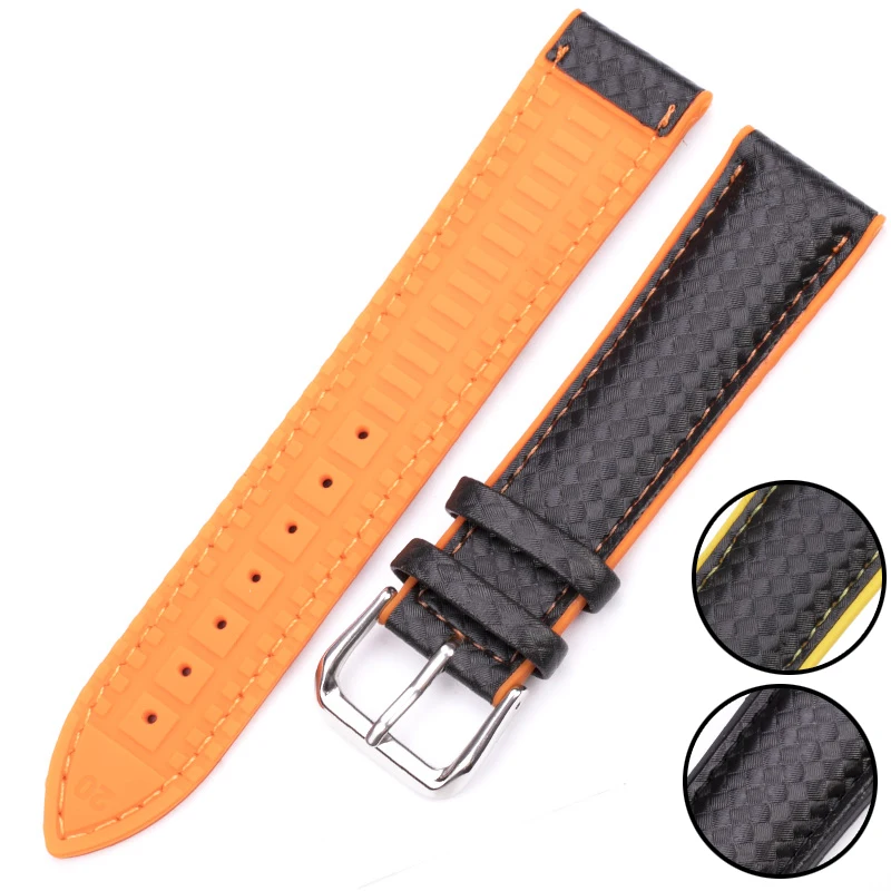 Leather + Rubber Watch Band Strap Women Men Yellow Orange Black 18mm 20mm 22mm Watchband Bracelet With Pin Buckle