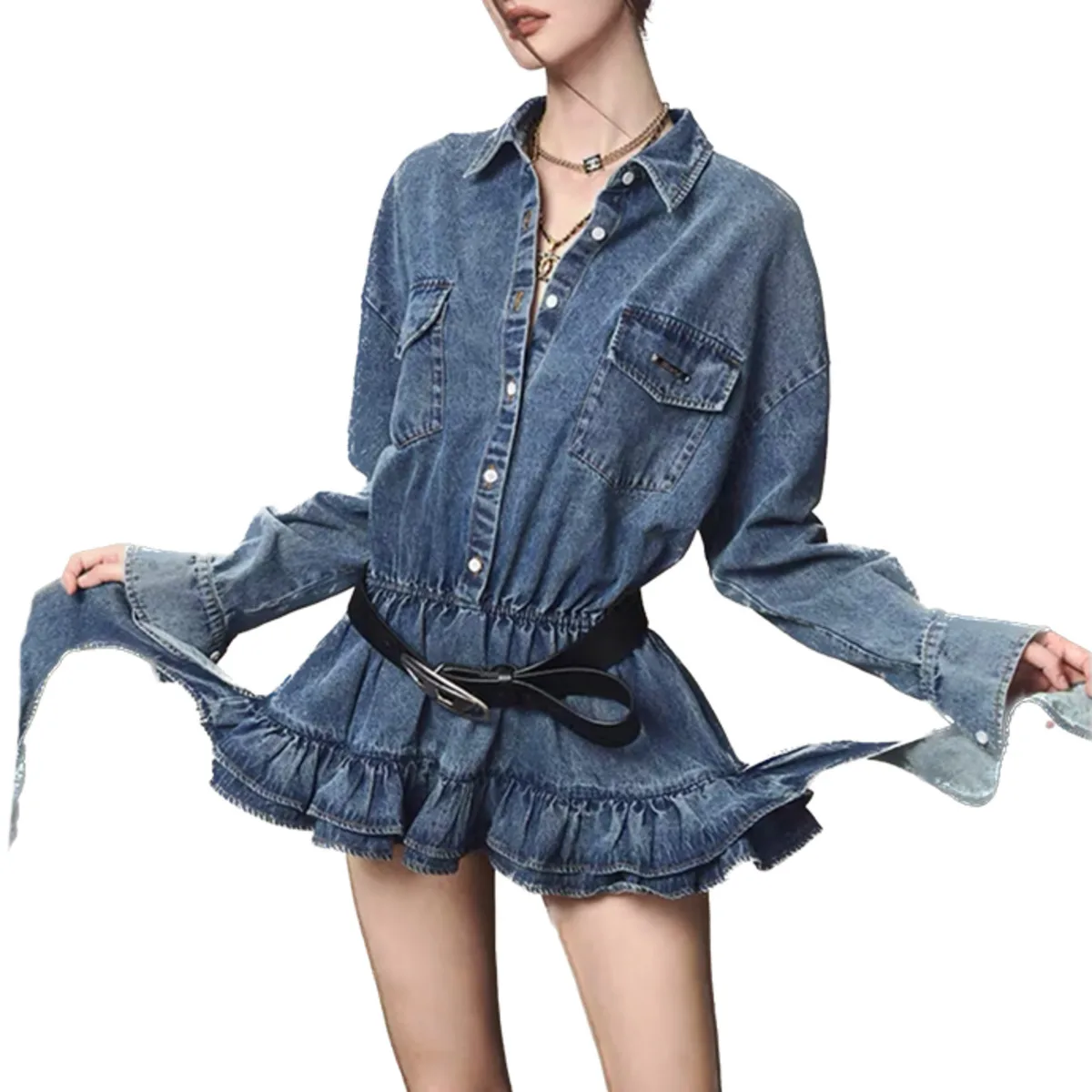 KWTX فستان قميص دينيم عتيق 2025 جديد قصير الأكمام فتاة ساخنة مطوي الخصر Cinching الصلبة ربيع الخريف أنيقة عادية #3