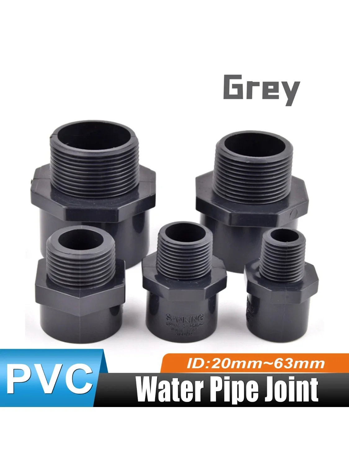 1/2 "3/4" 1 "1-1/4" 1-1/2 "2" écrous en PVC raccords de tuyauterie filetés connecteur BSP adaptateur mâle gris 20/25/32/40/50/60mm