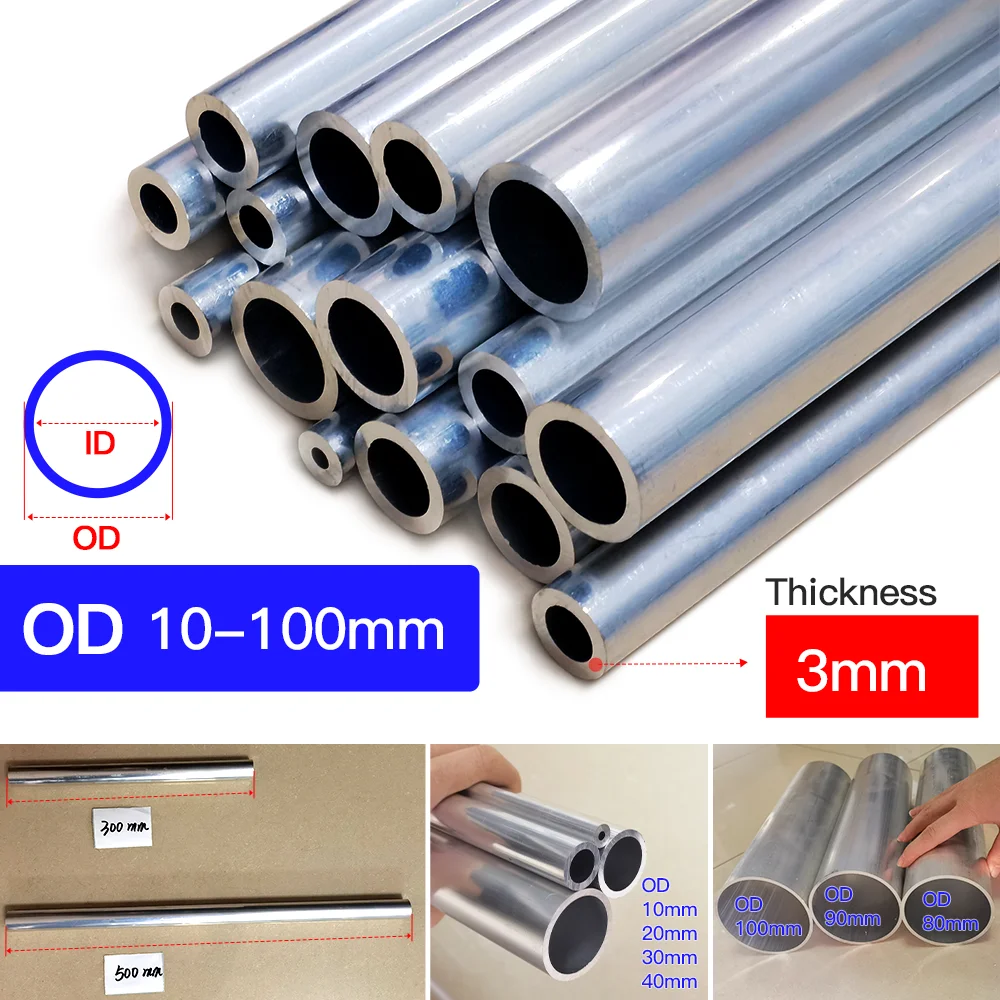 

Aluminium Pipe 3mm Thickness 10-100mm OD Straight Round 300mm 500mm Long 6063 Aluminium Alloy Tube