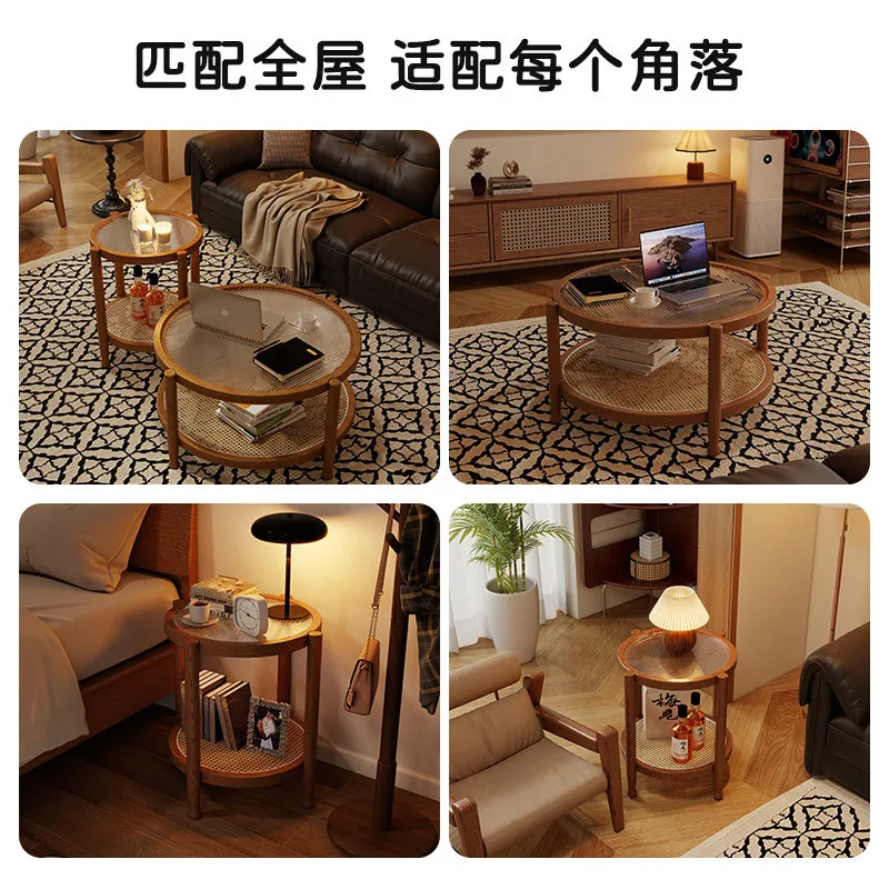 Retro Changhong glass round small coffee table solid wood rattan round table small apartment set double-layer storage low table