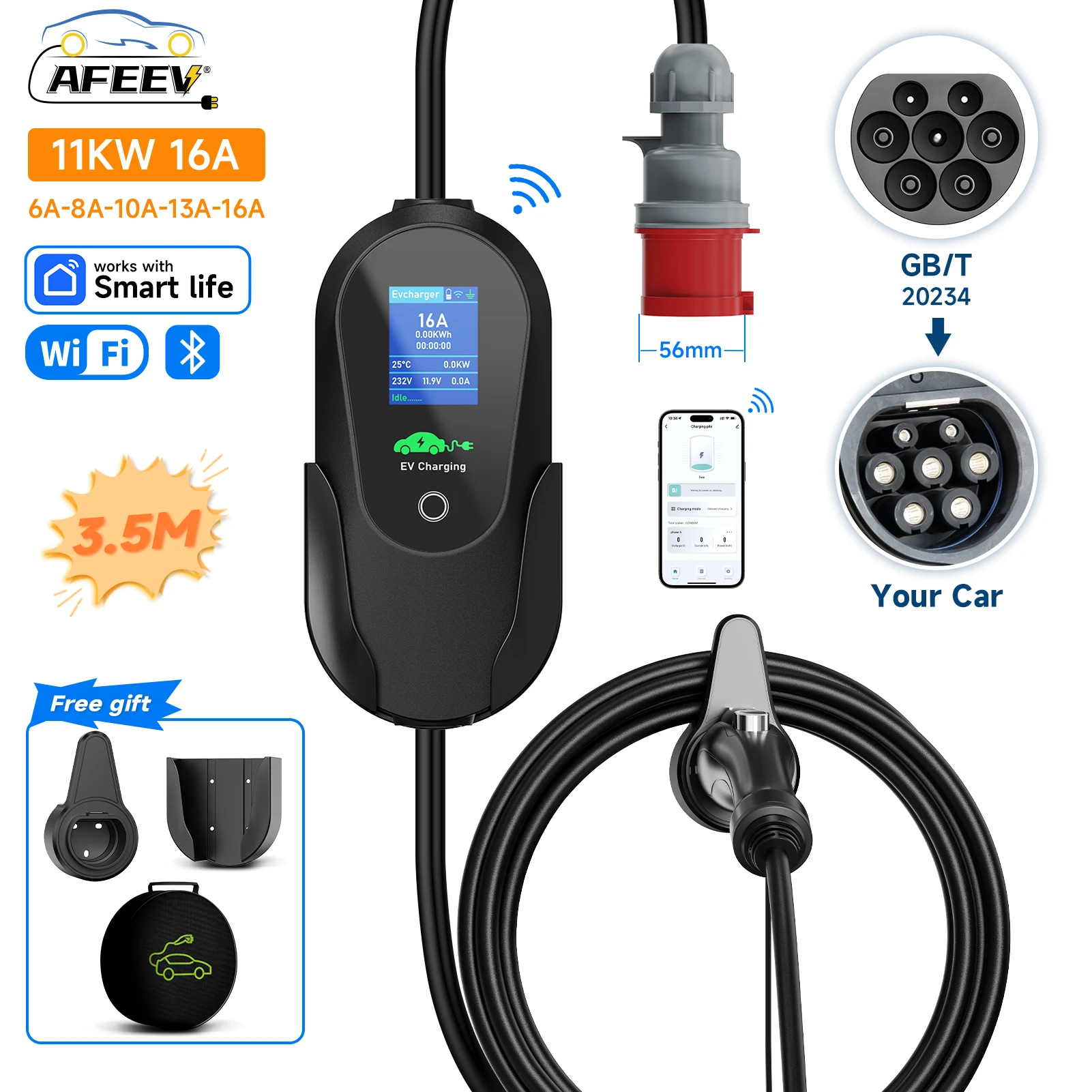 AFEEV 11KW 16A 3 Fase Draagbare EV Charger Type2 IEC62196-2 Snelle Oplaadkabel GB/T 20234 Wallbox EVSE CEE Plug WiFi APP Controle