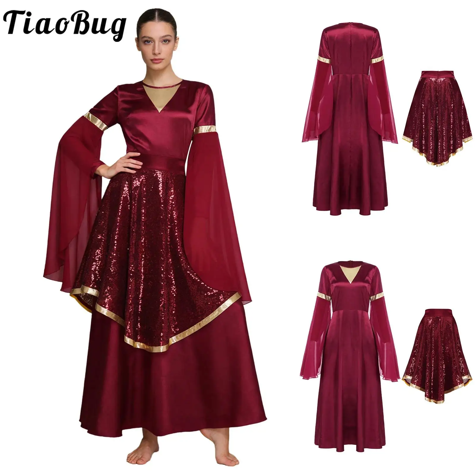 

Women Liturgical Praise Dance Costume 2pcs Flared Long Sleeve Overlay Tunic Dress And Sequin Skirt for Church Pray Worship Dance