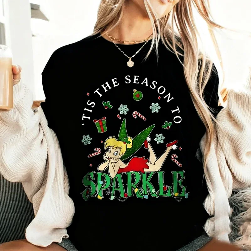 

Футболка с рождественским узором принцессы Диснея Тинкербелл и принтом Микки, повседневные свободные удобные женские уличные топы с короткими рукавами