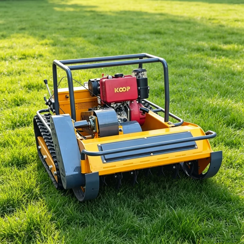 Cortacésped robótico con control remoto, orugas de goma para todo terreno, cortacésped de martillos de 800 mm a 1200 mm, con certificación CE y EPA, aplicable a céspedes de jardín.