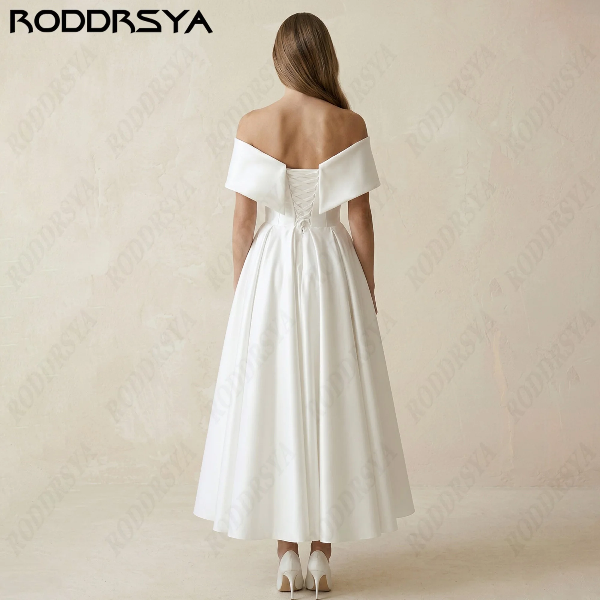 RODDRSYA Customized Off Shoulder Sweetheart Satin A-Line Wedding Dress Corset Lace Up Back Pleated 2026 Minimalist Bridal Dress