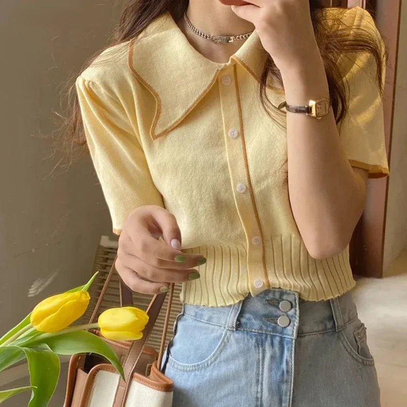 

Summer Peter Pan Collar Short Sleeve Cropped Sweater Korean Slim Preppy Style Pullover Sweater Women Sweet Knitted Sweaters N474