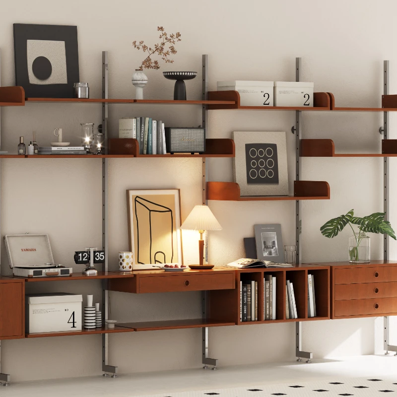 Display shelves on the wall of small apartments: metal stainless steel bookshelves, second-hand system shelves, designer light l