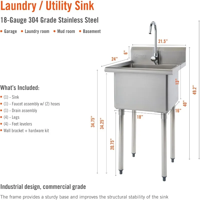 THA-0307 Basics Stainless Steel Freestanding Single Bowl Utility Sink for Garage, Laundry Room, and Restaurants