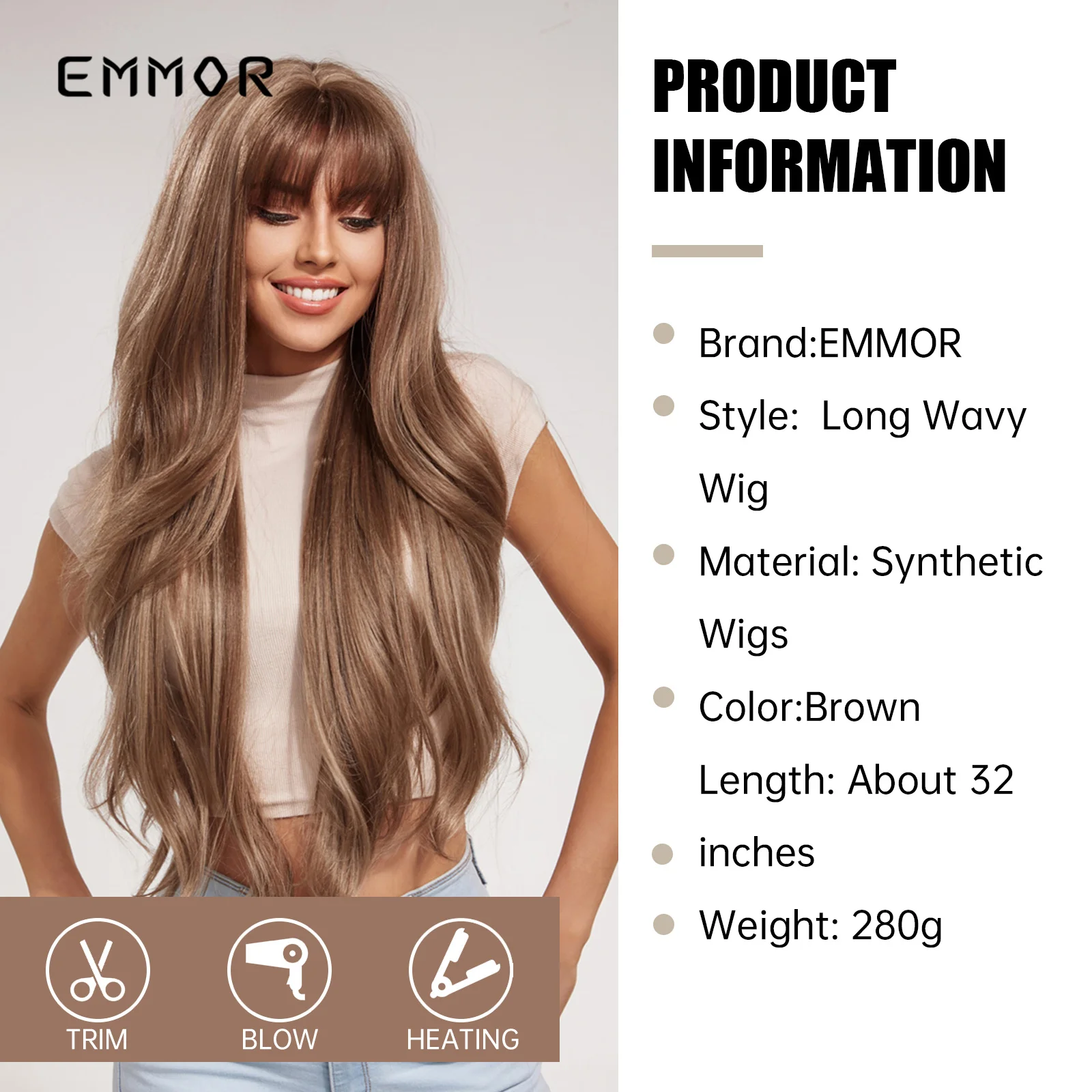 Emmor Brown Synthetic Long Wavy Wigs with Bangs Daily Cosplay Party Use Heat Resistant Fiber for Women