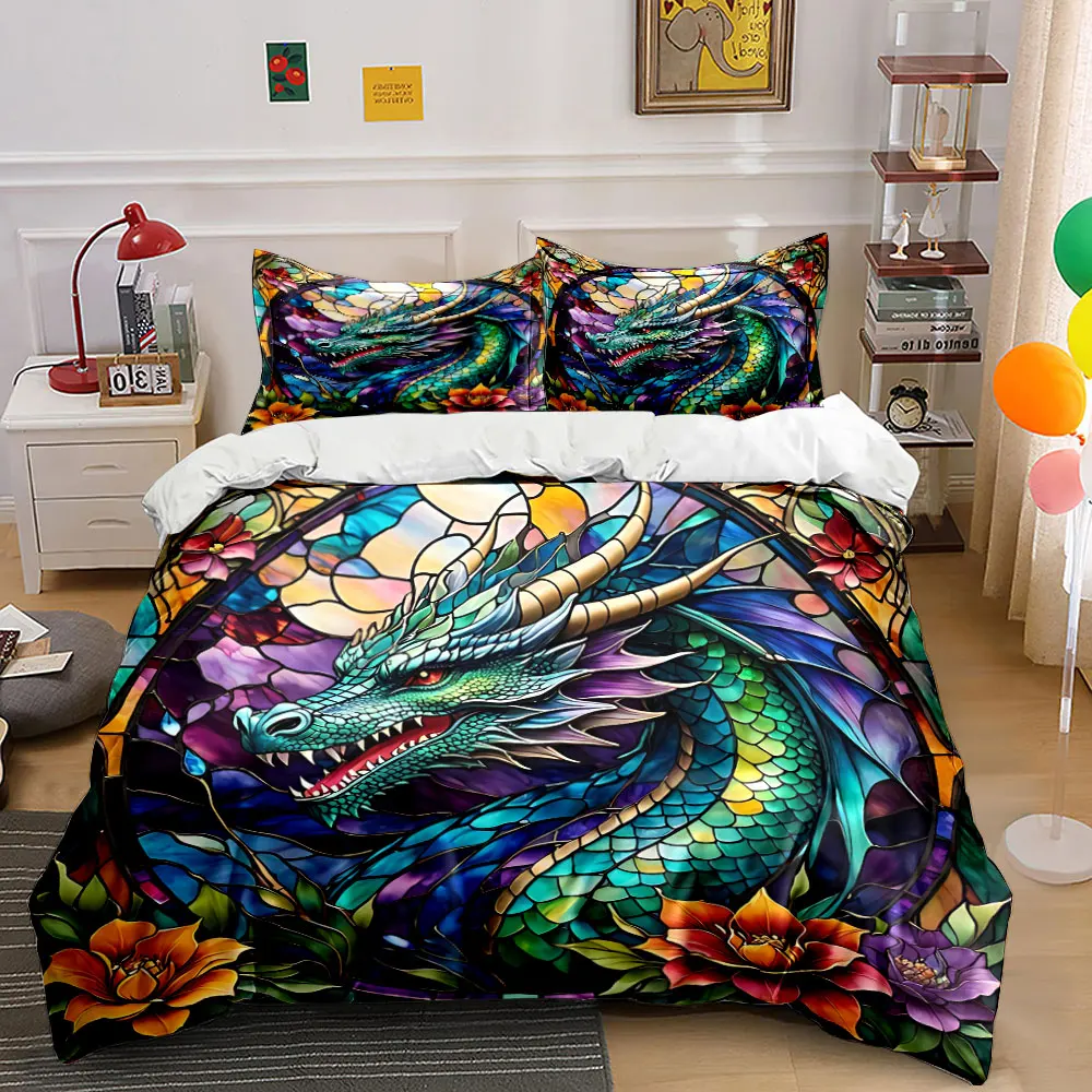 3Pcs Stained Glass Chinese Dragon Floral Duvet Cover Set, Oriental Myth Window Art Bedding Single Double King Queen, Gift