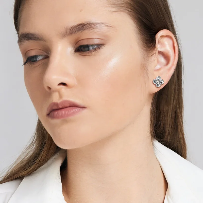 

S925 Sterling Silver Moissanite Clover Earrings for Women, Light Luxury, Niche High-End Floral Design