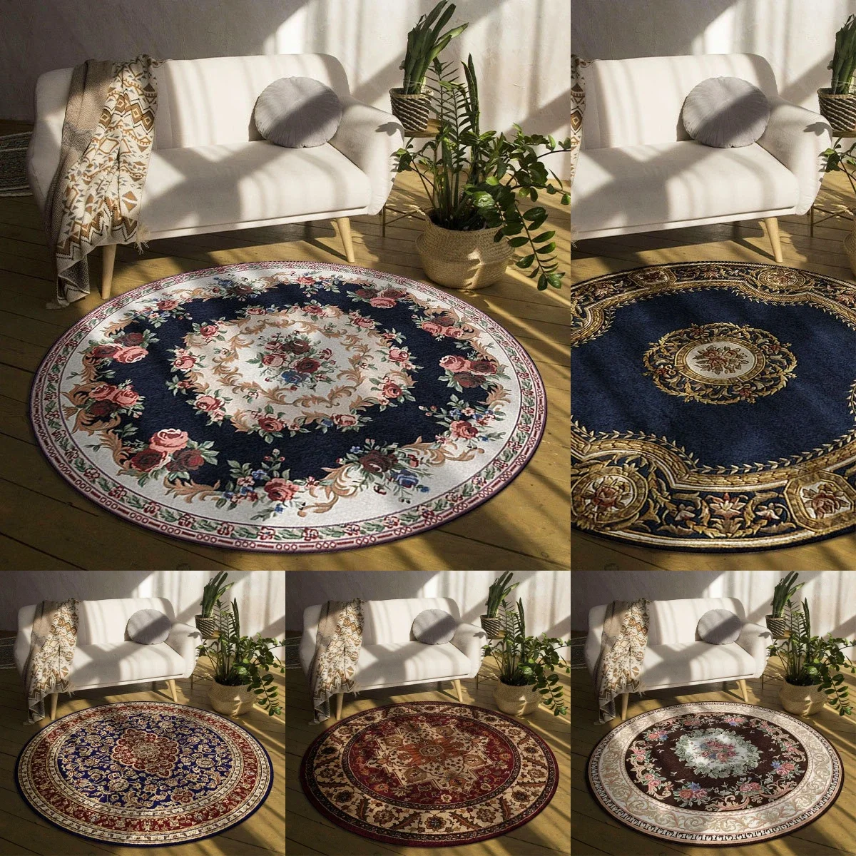 Bohemian Round Rugs Floral Medallion Design Blue Red Gold Colors Non Slip Carpets for Living Room Decor