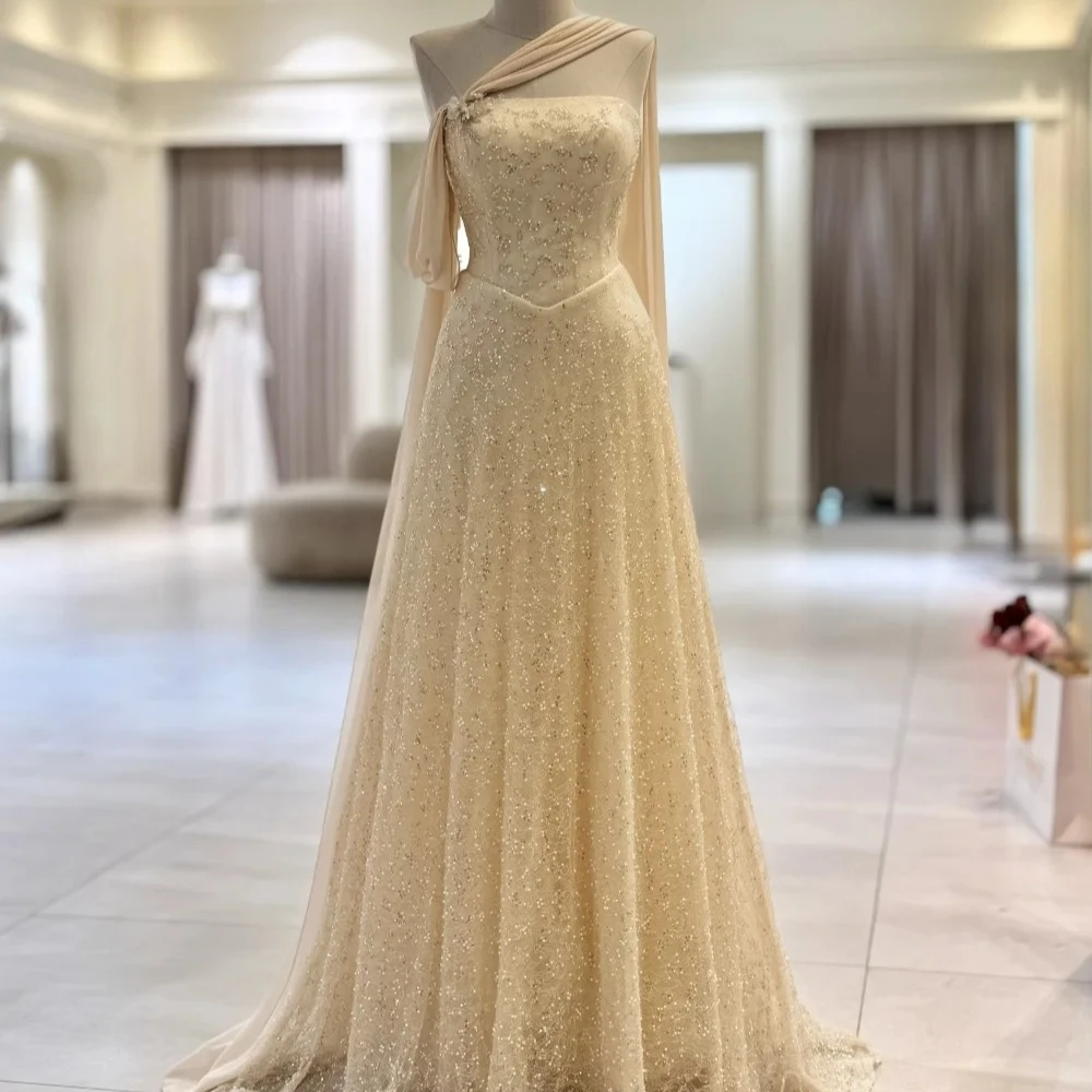 Customized Champagne Intricate Sparkle Tulle Beading Sequined Flower A-line Off-the-shoulder Floor-Length Evening Dresses
