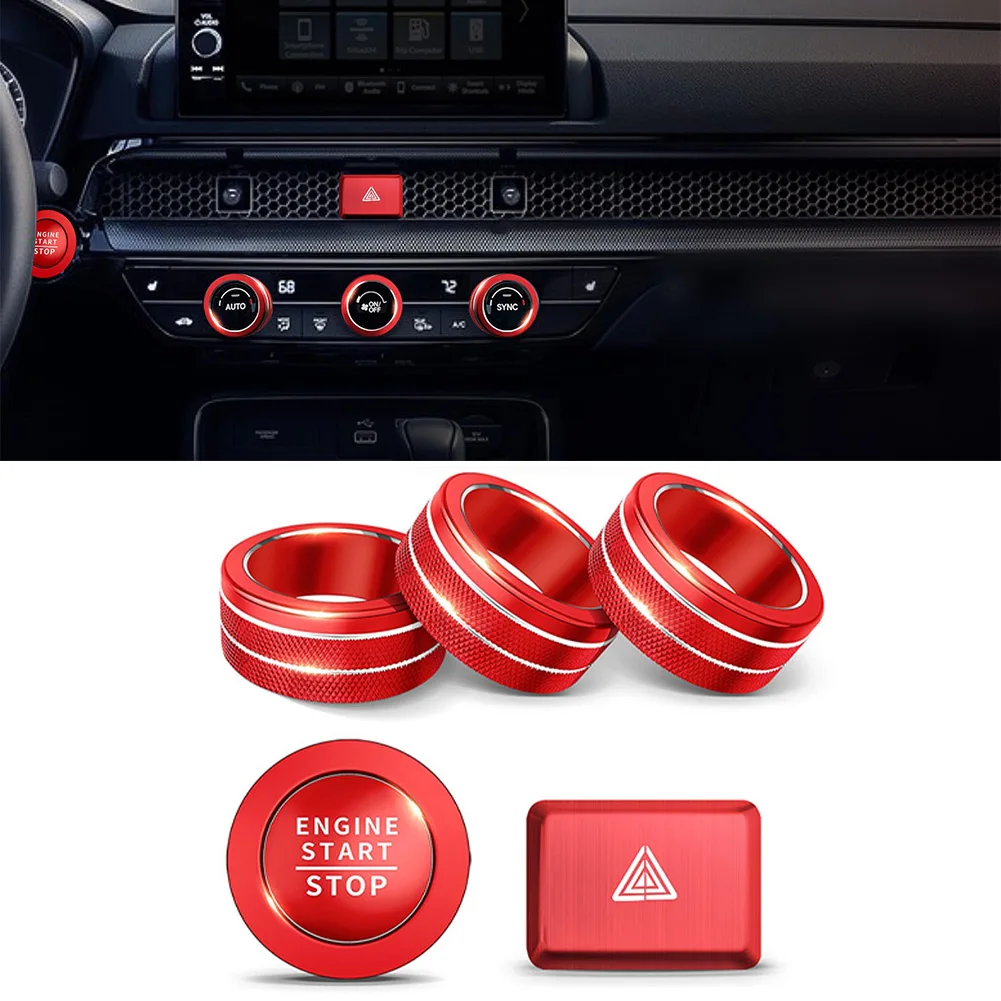 Red Aluminum Alloy Knob Cover Trim Kit For Honda For Civic For CRV For HRV For Integra For Accord 2022-2026 Car Interior Button