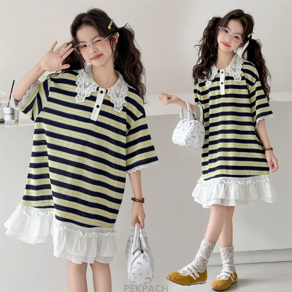 Preppy Kids Child Summer Casual Short Sleeve Striped Polo Dress with Lace Collar for Tween Girls Elegant Patchwork Daily Dresses