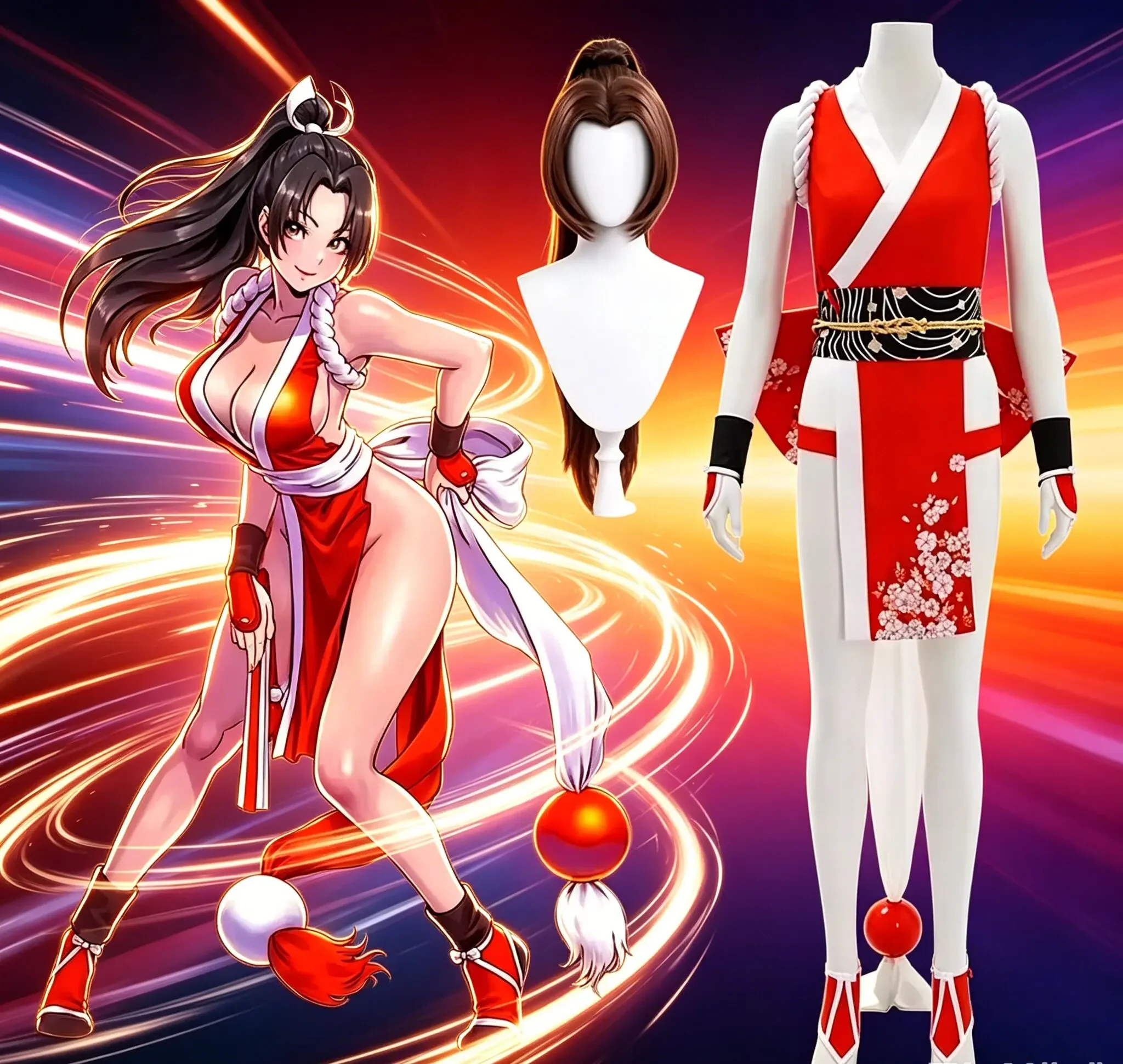 新しい伝統的な和風コスプレ衣装、赤い着物と白い帯と脚巻き付き、アニメコンベンション用