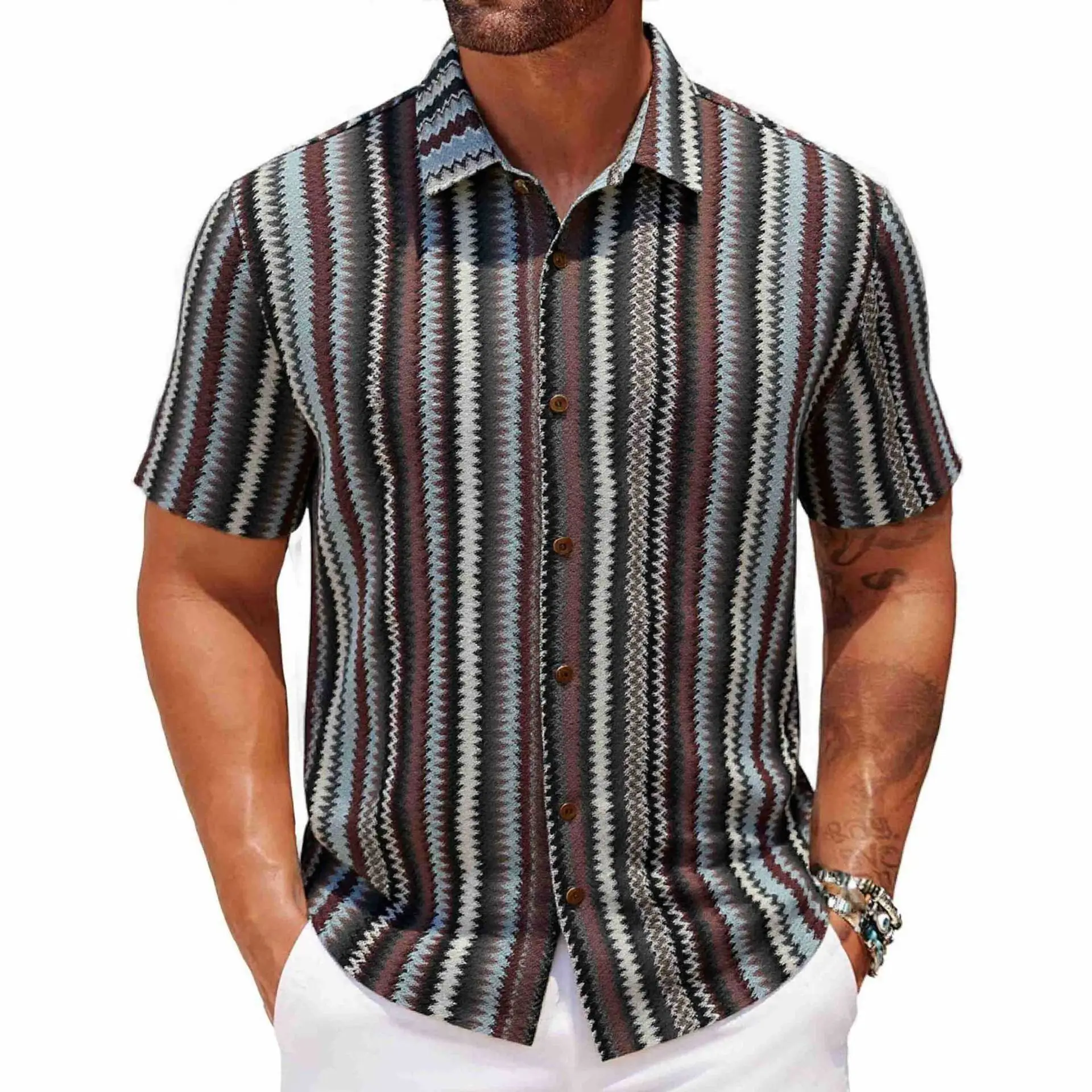 Summer Trend Men's Ethnic Striped Polyester Shirt Casual Loose Breathable Button Up Shirt Boho Style Lapel Short Sleeve Shirt