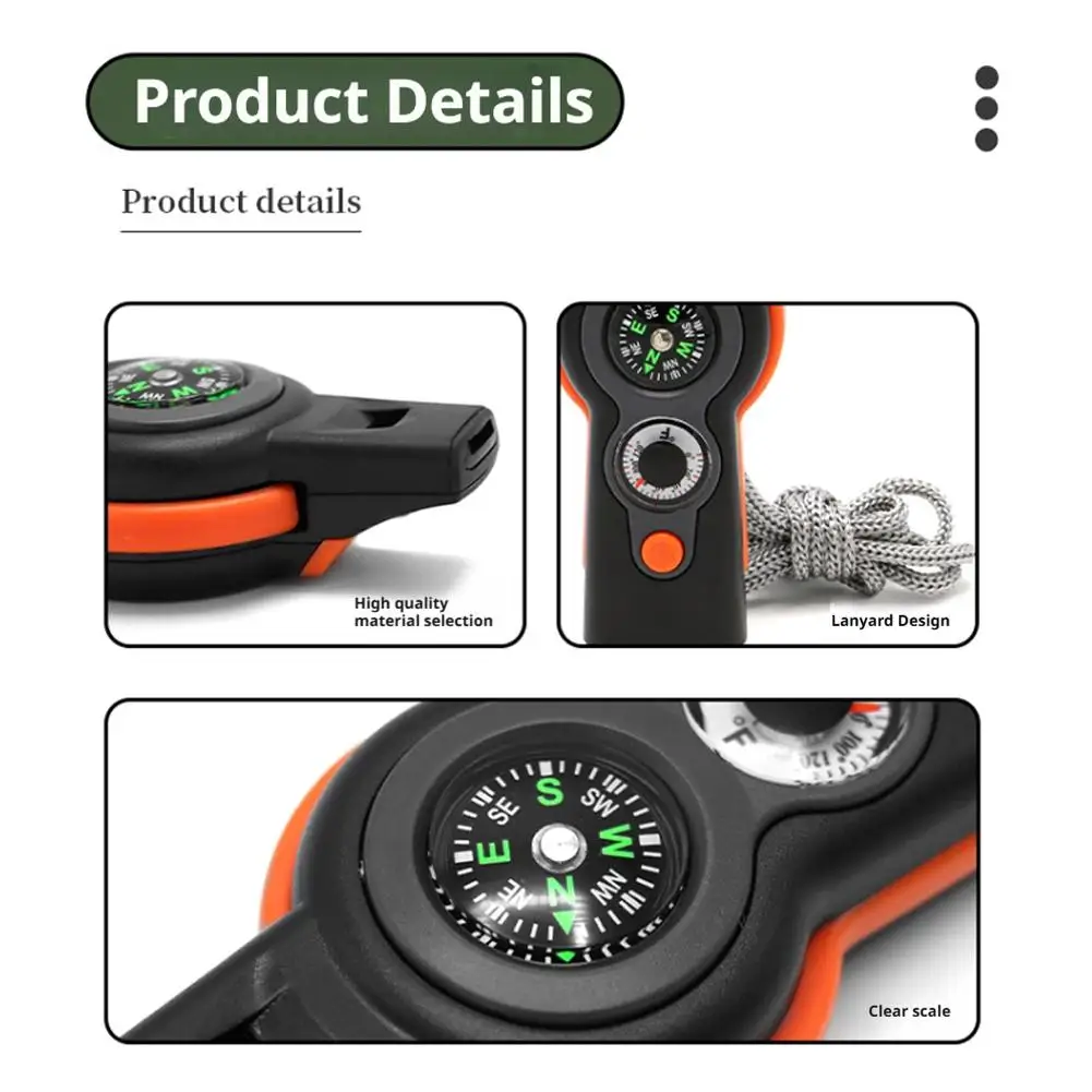 7-in-1 Multifunction Survival Whistle Emergency Tools Camping Hiking Rescue Emergency Loud Whistle Compass Thermometer Magnifier