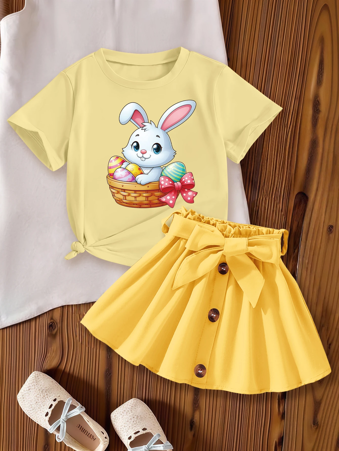 

2 Pieces, Easter, Cartoon Rabbit, Easter Egg, Summer Girls' Sweet and Cute Short-Sleeved Dress Set