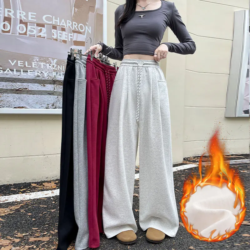 

Женские спортивные брюки с высокой талией на флисовой подкладке, свободные, широкие, в американском стиле, маленькие размеры, асимметричные повседневные брюки-джоггеры