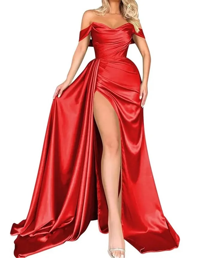 Off The Shoulder High Split Women Prom Dress Tight Waist Tube Top Party Gown Unikalna suknia wieczorowa bez rękawów Nowy projekt w magazynie