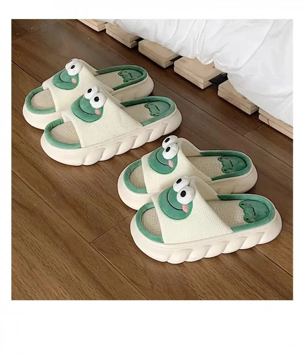 Donne Cartoon Frog pantofole inverno caldo Indoor Home Slides lino suola spessa coppia pantofola camera da letto scarpe antiscivolo sandali