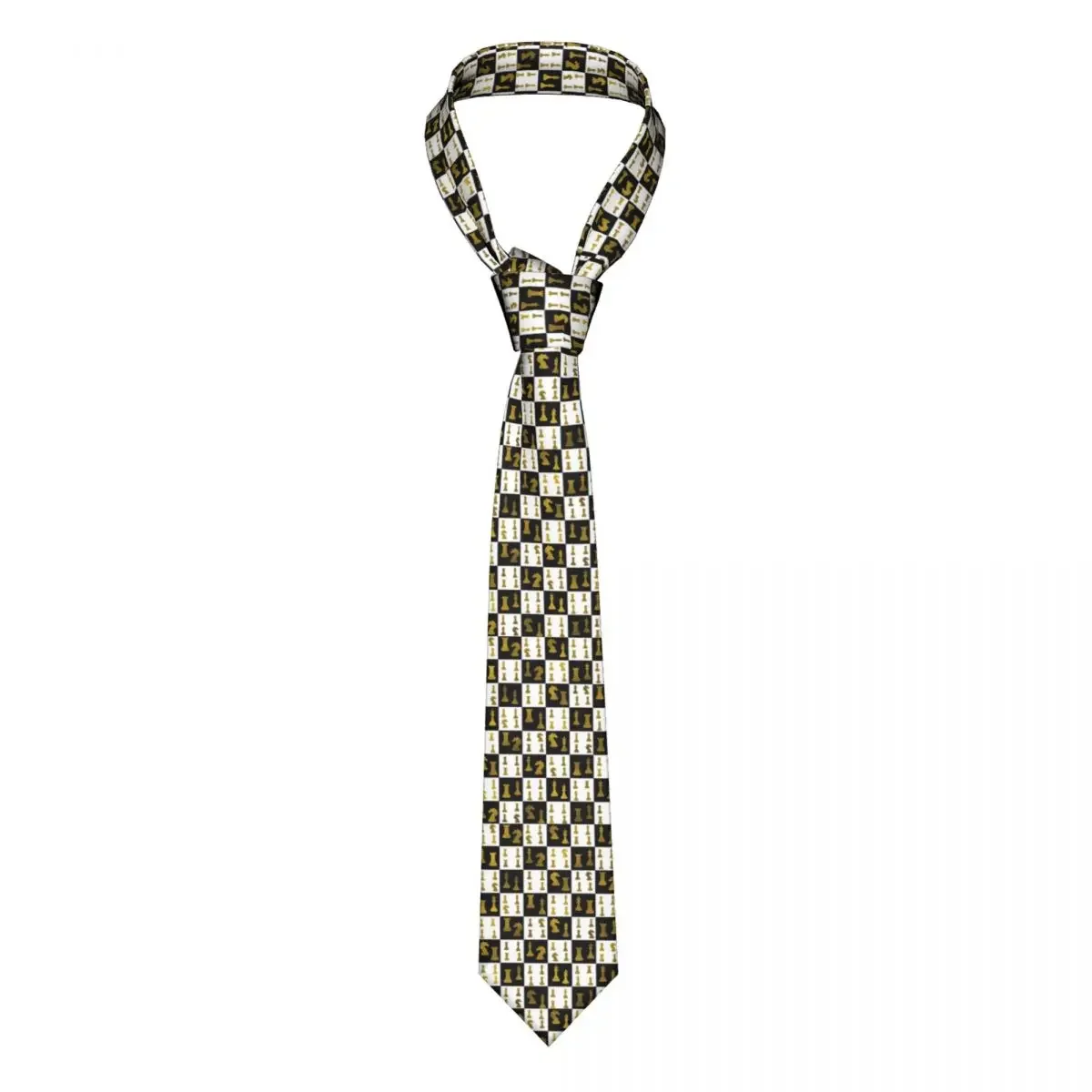 Custom Chessboard And Gold Chess Pieces Pattern Tie Men's Classic Silk Chessboard Necktie for Party