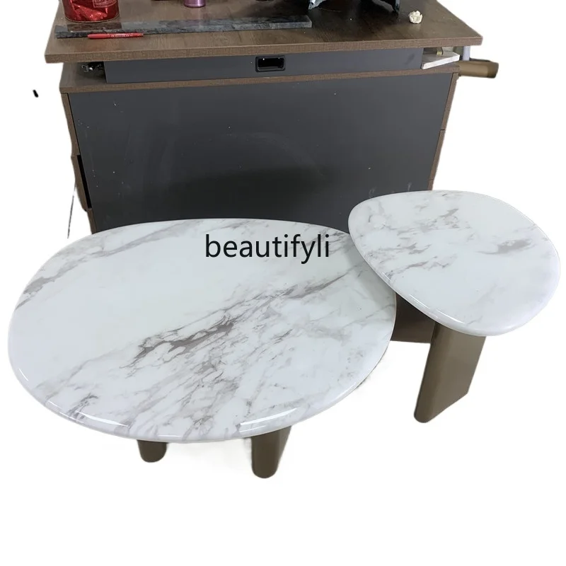 

Light luxury cream minimalist size high and low combination special-shaped natural marble luxury stone personalized coffee table