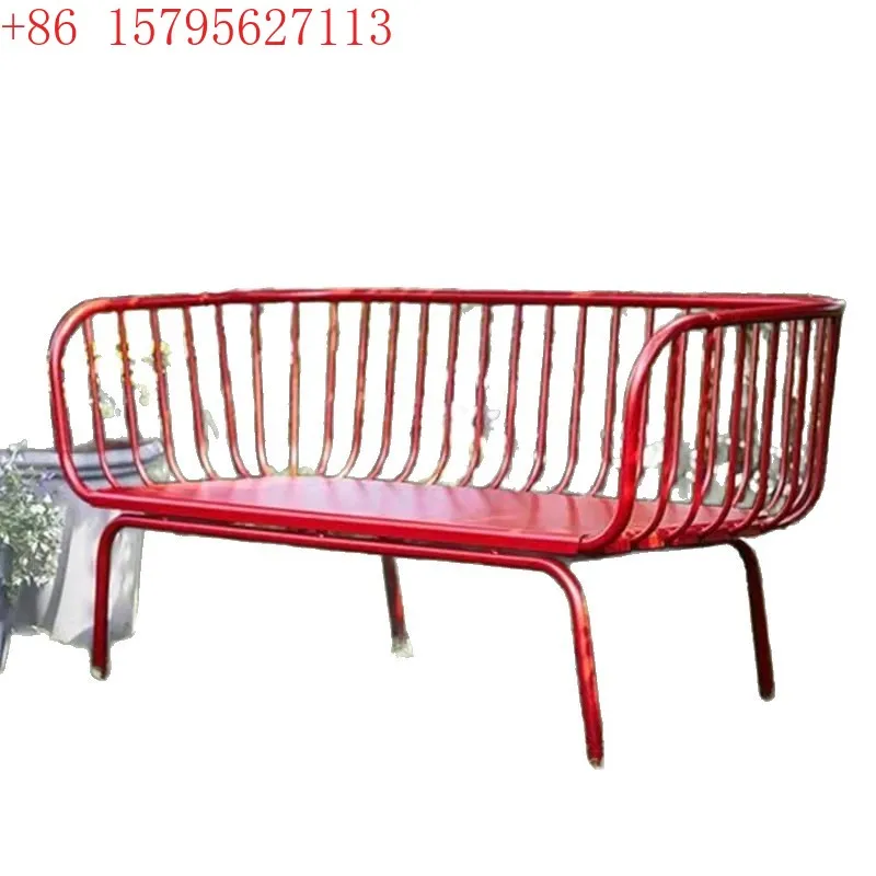 

Red outdoor wrought iron bench, outdoor lounge chair, courtyard, balcony, garden, open-air campus garden bench