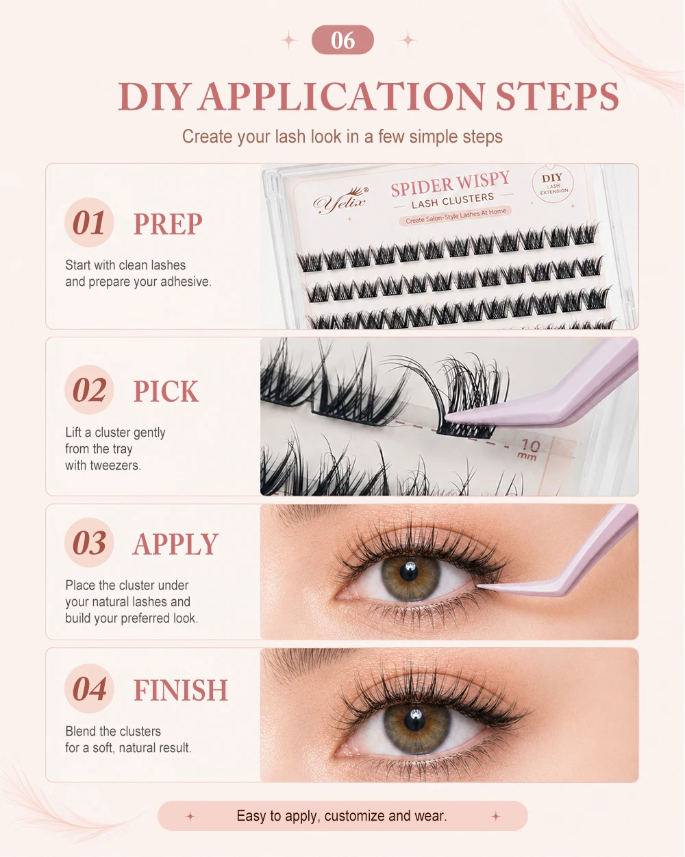 Yelix DIY Cluster Lashes Wispy Soft Selbstklebende Falsche Wimpernverlängerungen Großhandel für Schönheitssalons und Distributoren – Detail 6