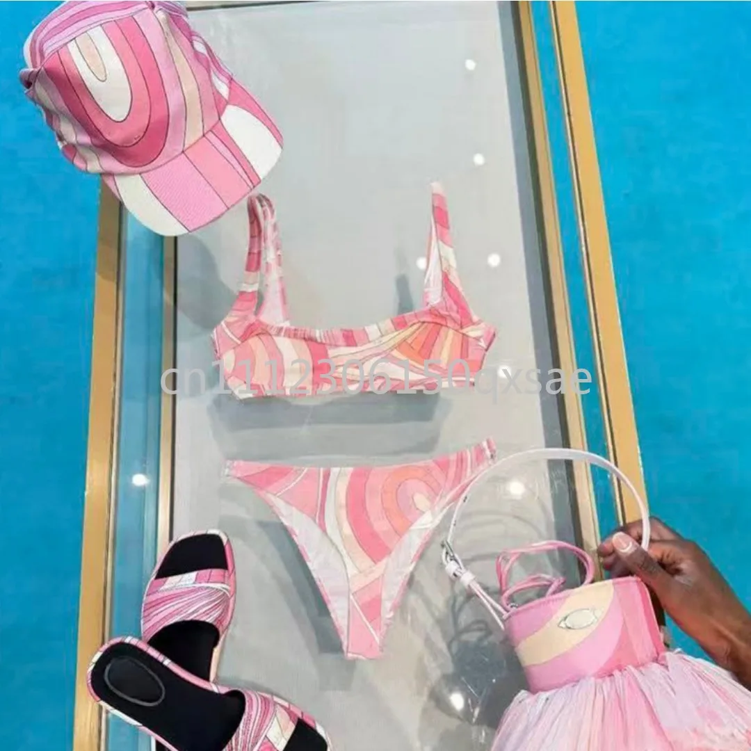 Luxury Design Women's Pink Scarf Split Swimsuits with Letter Signature Logo Designer Brand Lady Sexy Headband Scarf Swimsuits