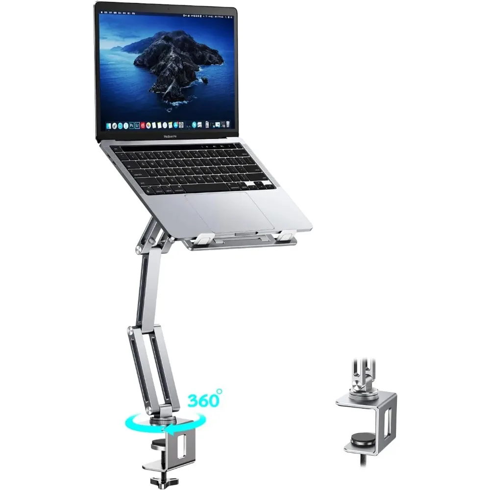 

360° Rotating Aluminum Laptop Mount for Desk, Adjustable Foldable Stand Fits 11-17 Inch Tablets and Laptops in Silver