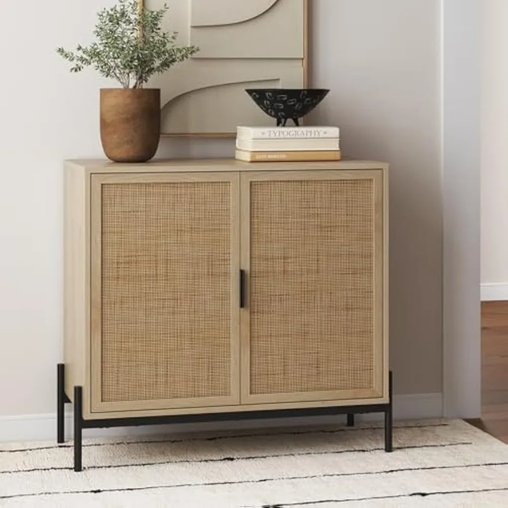 Andrew Bohemian entrance storage cabinet or sideboard cabinet, rattan trim cabinet with metal legs