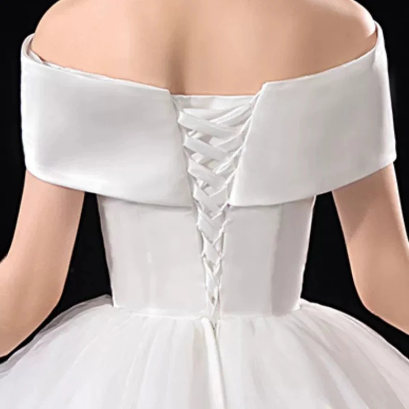 AnXin SH princess white satin lace boat neck big bow sleeveless bride ball gown lace up bride customized wedding dress