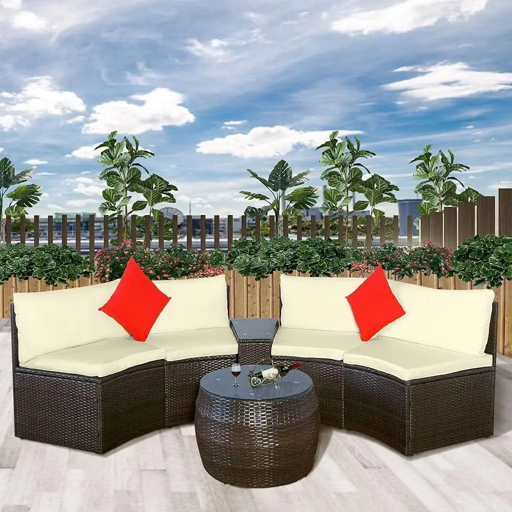

4-Piece Half-Moon Wicker Patio Furniture Set with Pillows, Beige, 70.9x27.6x30